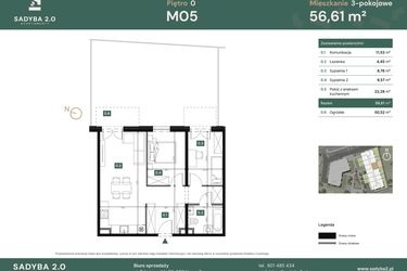 Rzut - Mieszkanie na sprzedaż 3 pokoje o powierzchni 56,61 m² - numer M05 w Sadyba 2.0