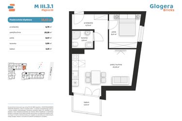 Rzut - Mieszkanie na sprzedaż 2 pokoje o powierzchni 38,63 m² - numer M III.3.1 w Glogera Bricks