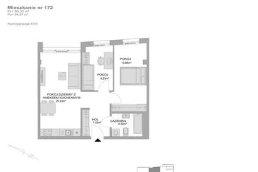 Rzut - Mieszkanie na sprzedaż 3 pokoje o powierzchni 56,35 m² - numer CP/R7/172 w Centralpark
