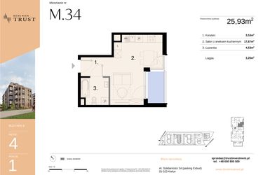 Rzut - Mieszkanie na sprzedaż 1 pokój o powierzchni 25,93 m² - numer B - M.34 w Dzielnica Trust