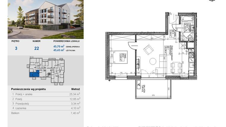 Rzut - Mieszkanie na sprzedaż 2 pokoje o powierzchni 45,43 m² - numer 22 w Balantia