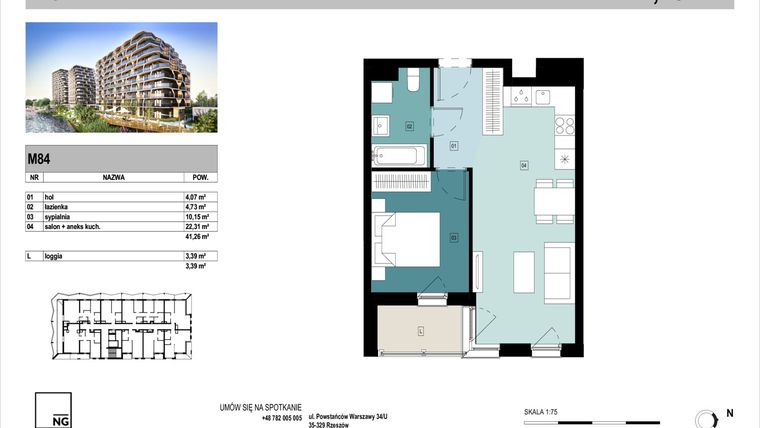 Rzut - Mieszkanie na sprzedaż 2 pokoje o powierzchni 41,22 m² - numer E84 w Panorama Kwiatkowskiego