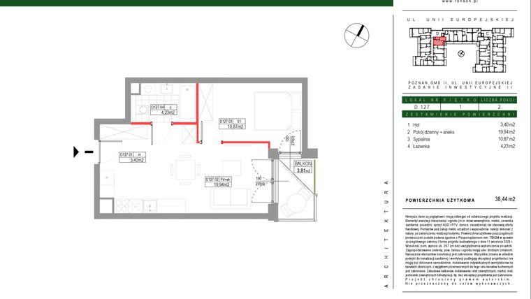 Rzut - Mieszkanie na sprzedaż 2 pokoje o powierzchni 38,44 m² - numer D127 w Grunwald Między Drzewami etap III