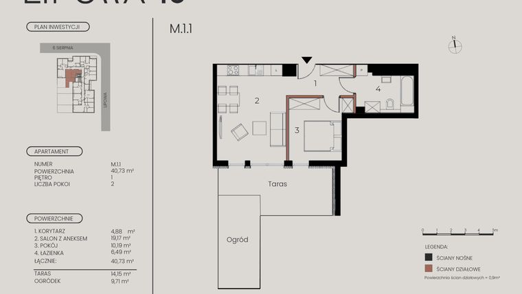 Rzut - Mieszkanie na sprzedaż 2 pokoje o powierzchni 40,73 m² - numer M.1.1 w Lipowa 43