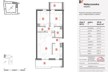 Rzut - Mieszkanie na sprzedaż 3 pokoje o powierzchni 64,03 m² - numer M-133 w Nałęczowska etap II