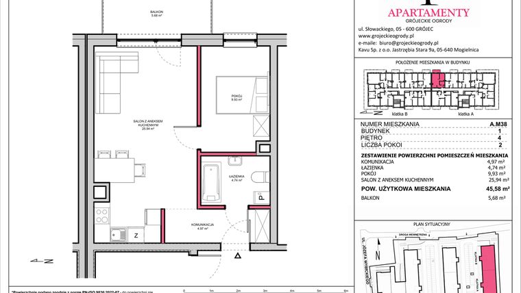 Rzut - Mieszkanie na sprzedaż 2 pokoje o powierzchni 45,58 m² - numer A.38 w Apartamenty Grójeckie Ogrody