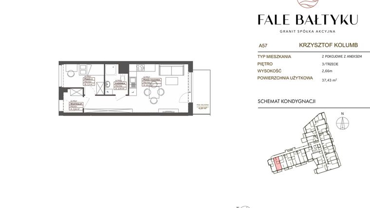 Rzut - Mieszkanie na sprzedaż 2 pokoje o powierzchni 37,43 m² - numer FB-057-A57 w Fale Bałtyku Kolumb AB