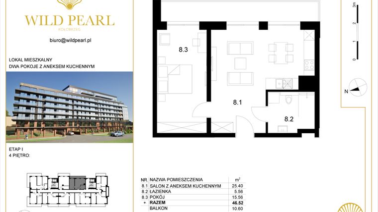 Rzut - Mieszkanie na sprzedaż 2 pokoje o powierzchni 46,52 m² - numer 4.8 w Wild Pearl