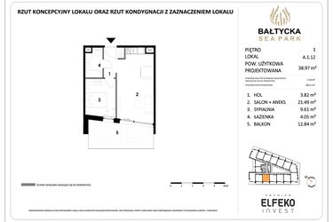 Rzut - Mieszkanie na sprzedaż 2 pokoje o powierzchni 38,97 m² - numer A.1.12 w Bałtycka Sea Park