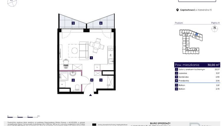 Rzut - Mieszkanie na sprzedaż 1 pokój o powierzchni 29,98 m² - numer 26 w Osiedle Neonowe