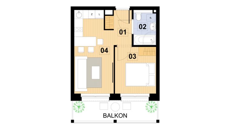 Rzut - Mieszkanie na sprzedaż 2 pokoje o powierzchni 30,04 m² - numer L20 w Green Park Resort III