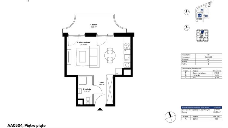 Rzut - Mieszkanie na sprzedaż 1 pokój o powierzchni 28,45 m² - numer AA0504 w NU3 Warszawa Wola