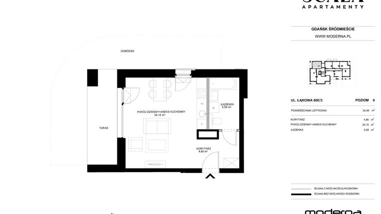 Rzut - Mieszkanie na sprzedaż 1 pokój o powierzchni 34,49 m² - numer E-3 (N) w Scala