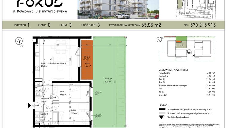 Rzut - Mieszkanie na sprzedaż 3 pokoje o powierzchni 65,85 m² - numer B1-3 w Fokus Bielany