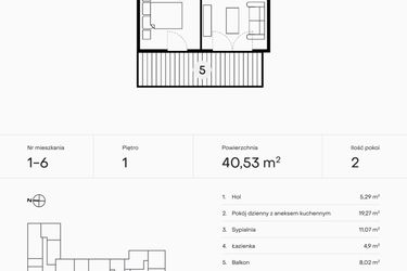 Rzut - Mieszkanie na sprzedaż 2 pokoje o powierzchni 40,53 m² - numer 1-6 w Pączka 1