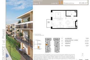 Rzut - Mieszkanie na sprzedaż 2 pokoje o powierzchni 43,46 m² - numer A.14 w Poezji