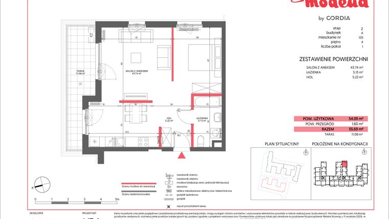 Rzut - Mieszkanie na sprzedaż 1 pokój o powierzchni 54,09 m² - numer A.120 w Modena II