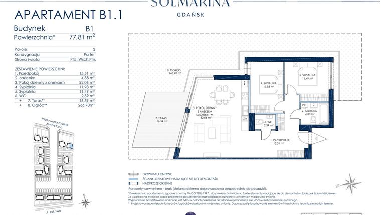 Rzut - Mieszkanie na sprzedaż 3 pokoje o powierzchni 77,71 m² - numer B1.1 w Sol Marina B