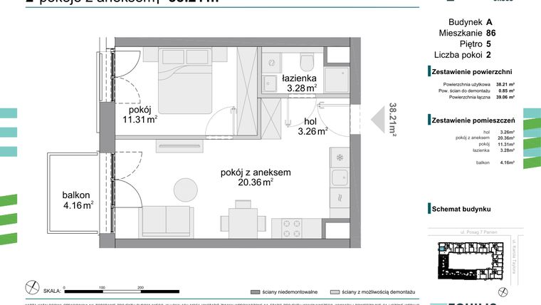 Rzut - Mieszkanie na sprzedaż 2 pokoje o powierzchni 38,21 m² - numer 86 w Osiedle Fokus Ursus