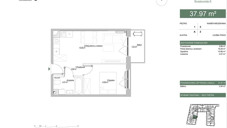 Rzut - Mieszkanie na sprzedaż 2 pokoje o powierzchni 37,97 m² - numer A.01.02 w IKONA Światowida 5