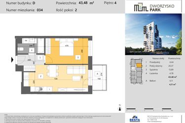 Rzut - Mieszkanie na sprzedaż 2 pokoje o powierzchni 43,48 m² - numer 34 w Dworzysko Park - Etap III