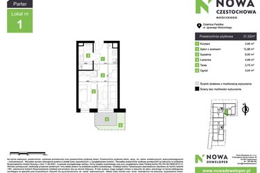 Rzut - Mieszkanie na sprzedaż 2 pokoje o powierzchni 31,52 m² - numer M1 w Nowa Częstochowa Mościckiego