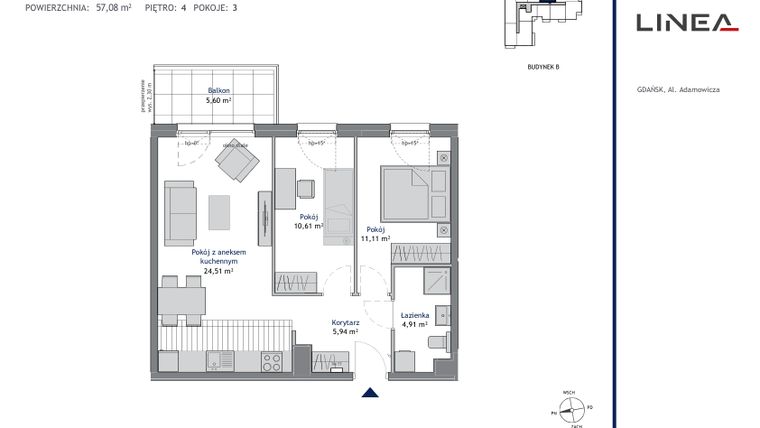 Rzut - Mieszkanie na sprzedaż 3 pokoje o powierzchni 57,08 m² - numer B.4.5 w Linea
