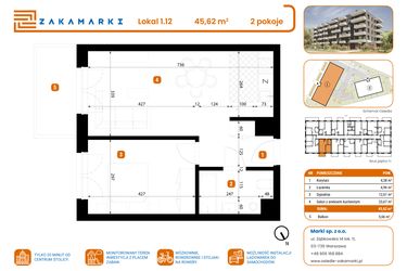 Rzut - Mieszkanie na sprzedaż 2 pokoje o powierzchni 45,62 m² - numer B1/1/12 w Zakamarki