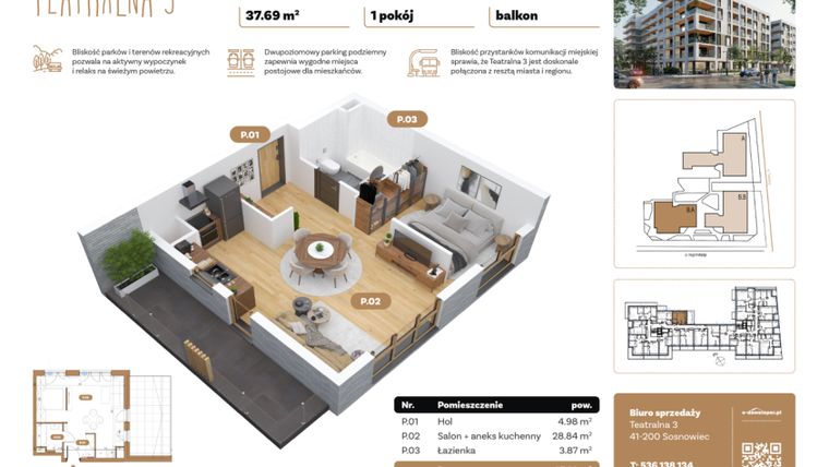 Rzut - Mieszkanie na sprzedaż 1 pokój o powierzchni 37,69 m² - numer B3.A.02 w Teatralna 3