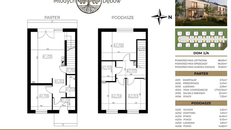 Rzut - Dom na sprzedaż 4 pokoje o powierzchni 90 m² - numer 1A w Osiedle Młodych Dębów