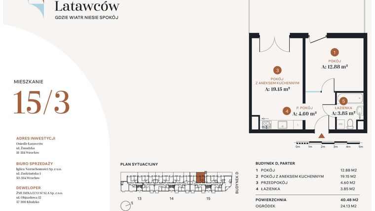 Rzut - Mieszkanie na sprzedaż 2 pokoje o powierzchni 40,48 m² - numer D15-3 w Osiedle Latawców