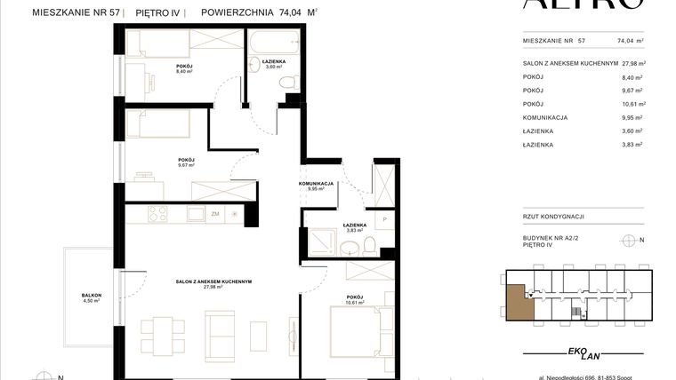 Rzut - Mieszkanie na sprzedaż 4 pokoje o powierzchni 74,05 m² - numer A2.2/57 w Altro A2/2