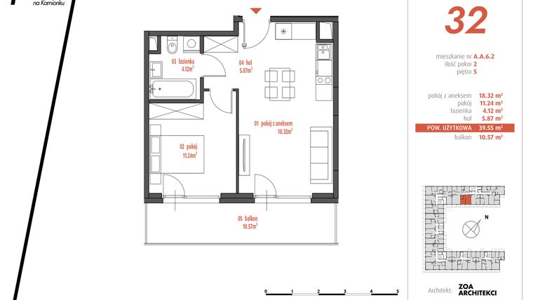 Rzut - Mieszkanie na sprzedaż 2 pokoje o powierzchni 39,55 m² - numer AA6.2 w PUR
