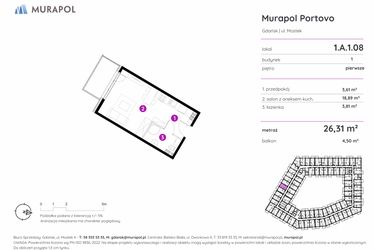 Rzut - Mieszkanie na sprzedaż 1 pokój o powierzchni 26,31 m² - numer 1.A.1.08 w Murapol Portovo etap II