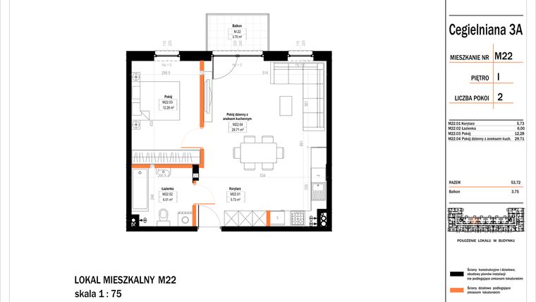 Rzut - Mieszkanie na sprzedaż 2 pokoje o powierzchni 53,72 m² - numer 22 w Osiedle StaLove etap II