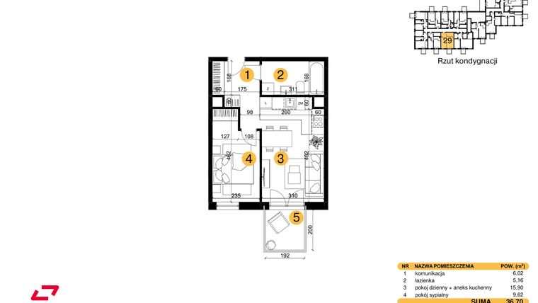 Rzut - Mieszkanie na sprzedaż 2 pokoje o powierzchni 36,7 m² - numer M29 w Punkt Wola