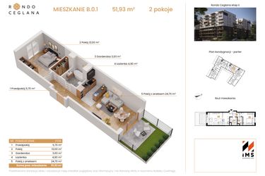 Rzut - Mieszkanie na sprzedaż 2 pokoje o powierzchni 51,44 m² - numer B.0.1 w Rondo Ceglana etap II