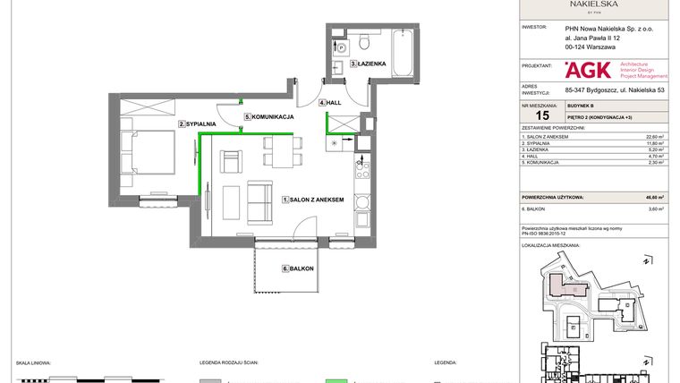 Rzut - Mieszkanie na sprzedaż 2 pokoje o powierzchni 46,6 m² - numer NN-B-LM-15 w Nowa Nakielska by PHN