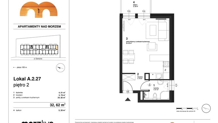 Rzut - Mieszkanie na sprzedaż 1 pokój o powierzchni 32,62 m² - numer A.2.27 w Morzlive