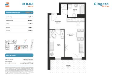 Rzut - Mieszkanie na sprzedaż 2 pokoje o powierzchni 40,63 m² - numer M II.0.1 w Glogera Bricks