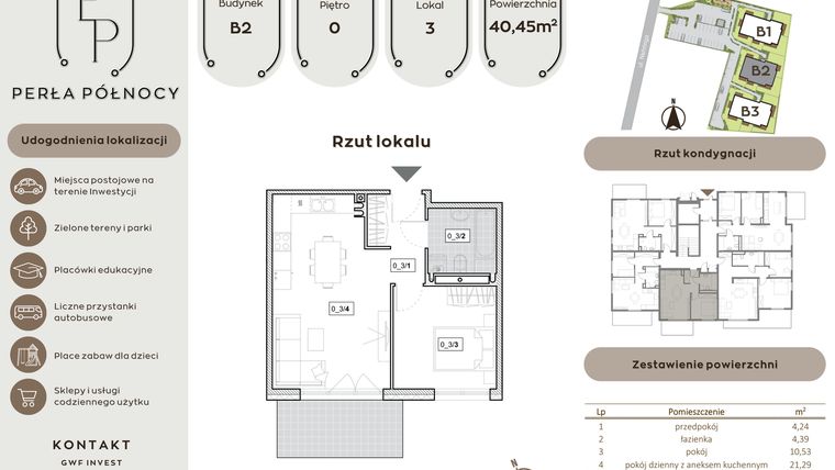 Rzut - Mieszkanie na sprzedaż 2 pokoje o powierzchni 40,45 m² - numer B2.0_3 w Perła Północy etap 2