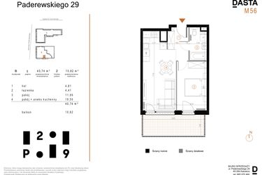 Rzut - Mieszkanie na sprzedaż 2 pokoje o powierzchni 40,74 m² - numer B56 w Paderewskiego 29