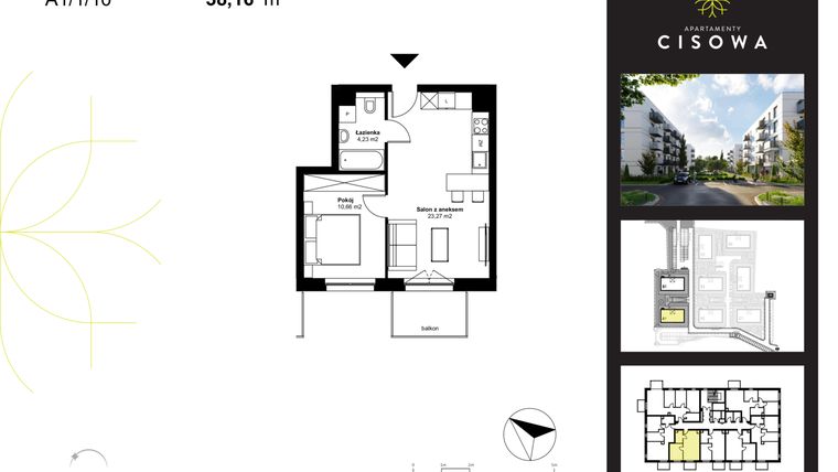 Rzut - Mieszkanie na sprzedaż 2 pokoje o powierzchni 38,16 m² - numer A1.1.10 w Apartamenty Cisowa