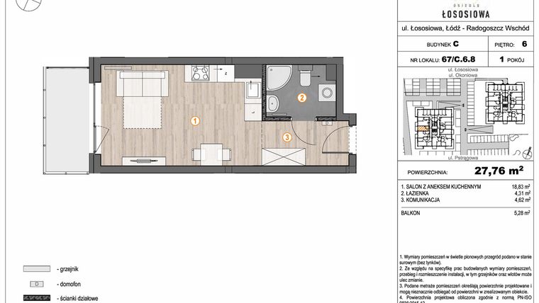 Rzut - Mieszkanie na sprzedaż 1 pokój o powierzchni 27,76 m² - numer 67 - C6.8 w Osiedle Łososiowa