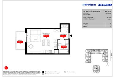 Rzut - Mieszkanie na sprzedaż 1 pokój o powierzchni 32,92 m² - numer A4 206 w Osiedle Bociana 5