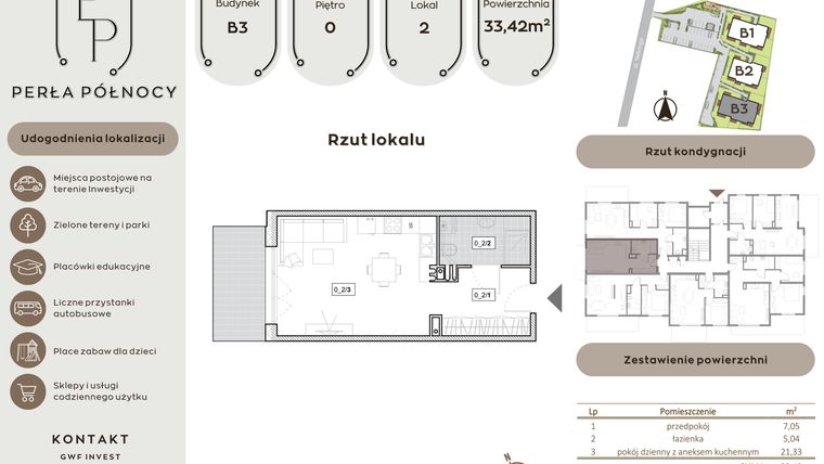 Rzut - Mieszkanie na sprzedaż 1 pokój o powierzchni 33,42 m² - numer B3.0_2 w Perła Północy etap 2