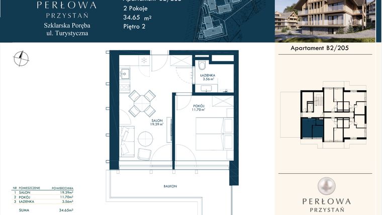 Rzut - Mieszkanie na sprzedaż 2 pokoje o powierzchni 37,19 m² - numer B2/205 w Perłowa Przystań - Szklarska Poręba