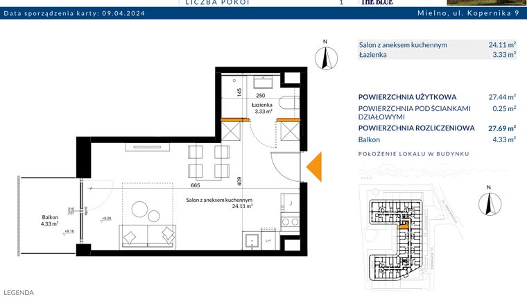 Rzut - Mieszkanie na sprzedaż 1 pokój o powierzchni 27,69 m² - numer 3.01 w The Blue
