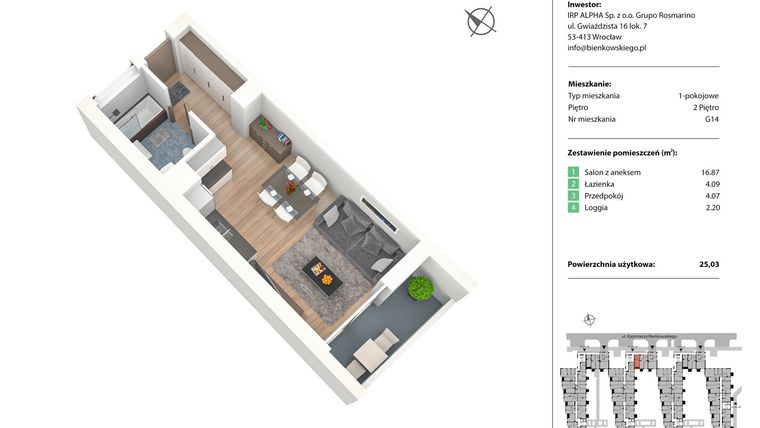 Rzut - Mieszkanie na sprzedaż 1 pokój o powierzchni 25,03 m² - numer G14 w Nowe Żerniki Bieńkowskiego etap II