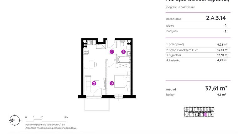 Rzut - Mieszkanie na sprzedaż 2 pokoje o powierzchni 37,61 m² - numer 2.A.3.14 w Murapol Osiedle Dynamiq